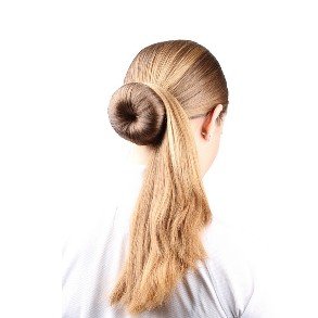 Donut hairstyle with very long hair.
